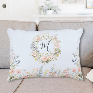 Monogramm Wasserfarbe Rosa Blaue Blumen Floral  Dekokissen