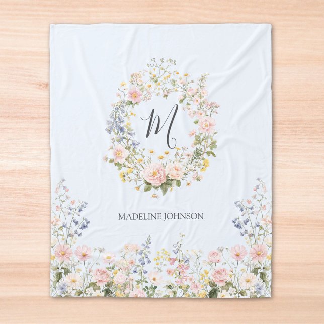 Monogramm-Wasserfarbe Rosa Blaue Blumen Floral  Fleecedecke (Close up)