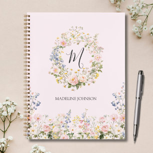 Monogramm Wasserfarbe Rosa Blaue Blumen Floral Notizbuch