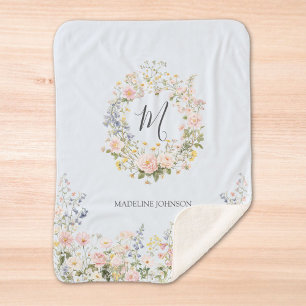 Monogramm-Wasserfarbe Rosa Blaue Blumen Floral  Sherpadecke