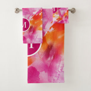Monogramm-Wasserfarbe Rosa Orange Abstrakt Badhandtuch Set