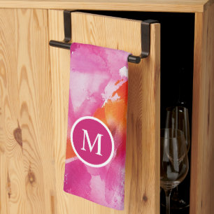 Monogramm-Wasserfarbe Rosa Orange Abstrakt Geschirrtuch