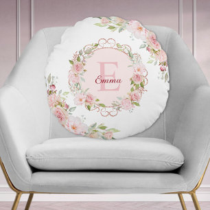 Monogramm-Wasserfarbe-Rosa-Rosen-Blumen-Blumendeko Rundes Kissen