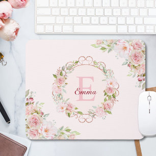Monogramm-Wasserfarbe-Rosa-Rosen-Blumen-Florales Mousepad