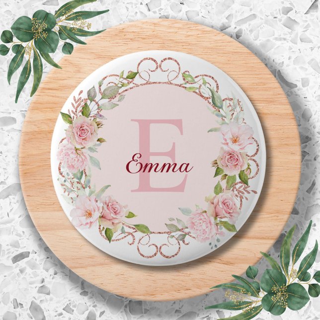 Monogramm-Wasserfarbe-Rosa-Rosenblumen-Blumen Button (In situ)