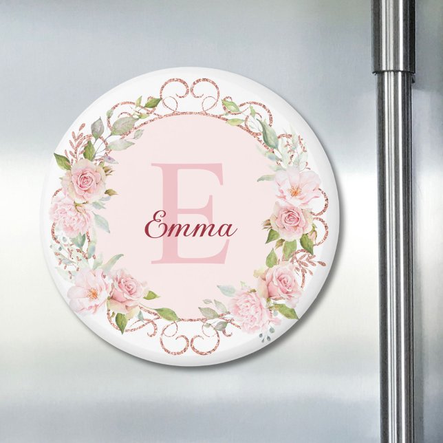 Monogramm-Wasserfarbe-Rosa-Rosenblumen-Blumen Magnet (In situ)