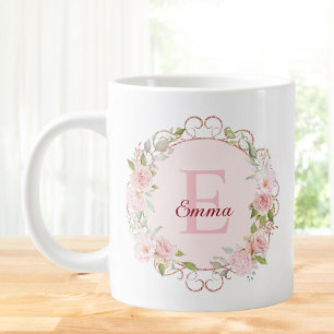 Monogramm-Wasserfarbe-Rosa-Rosenblumen-Blumenmuste Jumbo-Tasse