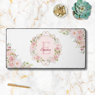 Monogramm-Wasserfarbe-Rosa-Rosenblüten-Blumenflor Schreibtischunterlage