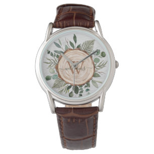 Monogramm-Wasserfarbe Rustikale Holzscheibe und La Armbanduhr