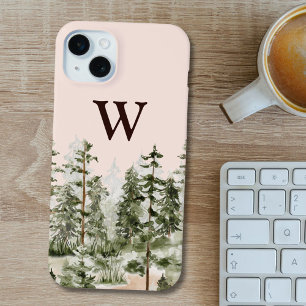 Monogramm-Wasserfarbe Rustikaler grüner Wald iPhone 15 Plus Hülle