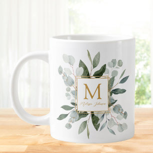 Monogramm-Wasserfarbe-Tropische-Grüne-Blätter Jumbo-Tasse