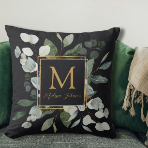 Monogramm Wasserfarbe Tropische grüne Blätter Schw Kissen