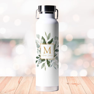 Monogramm Wasserfarbe Tropische grüne Blätter Trinkflasche
