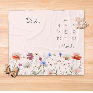 Monogramm Wasserfarbe Wildblume Meilenstein Baby Fleecedecke