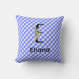 Monogramm-Wasserfarben-Blumen-Gingham Blau Minimal Kissen