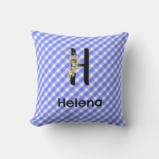 Monogramm-Wasserfarben-Blumen-Gingham-Blau-Muster Kissen