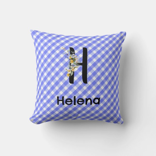 Monogramm-Wasserfarben-Blumen-Gingham-Blau-Muster Kissen (Vorderseite)