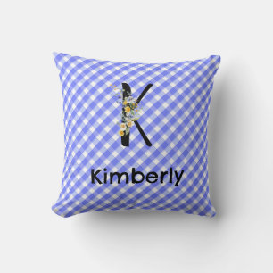 Monogramm-Wasserfarben-Blumen-Gingham-Blau-Muster Kissen