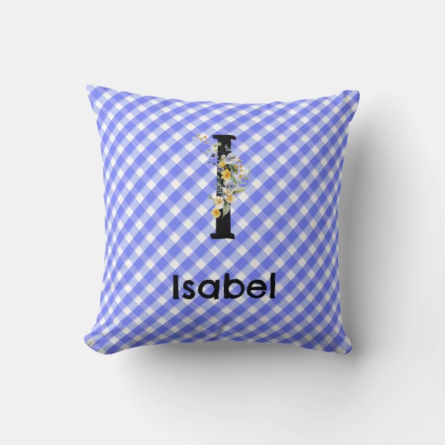 Monogramm-Wasserfarben-Blumen-Gingham-Blau-Muster Kissen (Vorderseite)