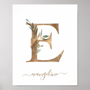 Monogramm-Wasserfarben-Blumen-Gold-Buchstabe E Pos Poster