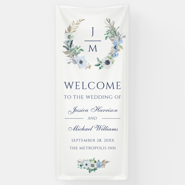 Monogramm Wasserfarben Elegantes Blumenkraut Hochz Banner (Vertikal)