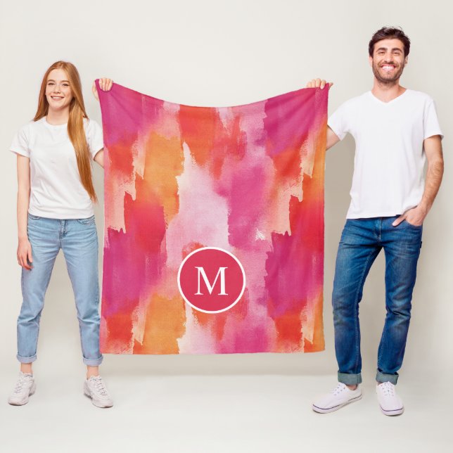 Monogramm Watercolor Pink Orange Abstrakt Fleecedecke (Beispiel)