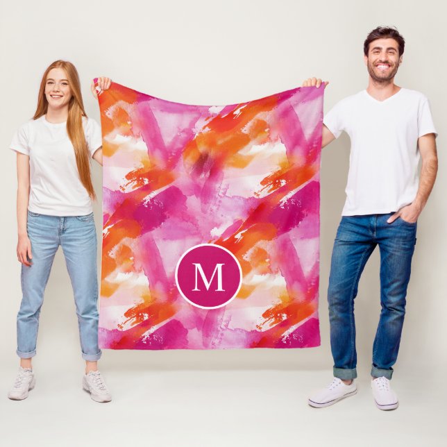 Monogramm Watercolor Pink Orange Abstrakt Fleecedecke (Beispiel)