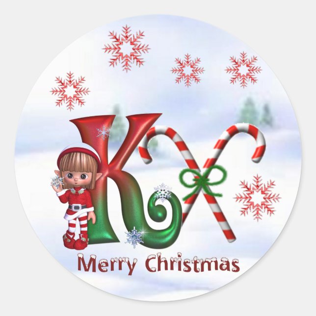 Monogramm Weihnachtsaufkleber K Runder Aufkleber (Vorderseite)