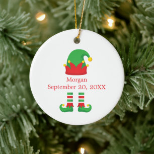 Monogramm-Weihnachtself Rot Grün Baby-Geschenk Keramik Ornament
