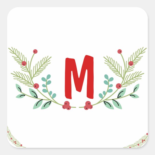 Monogramm Weihnachtsgrün-Design Quadratischer Aufkleber (Vorderseite)