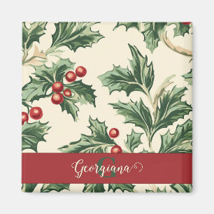 Monogramm Weihnachtsmuster mit Stechpalme und Beer Magnet