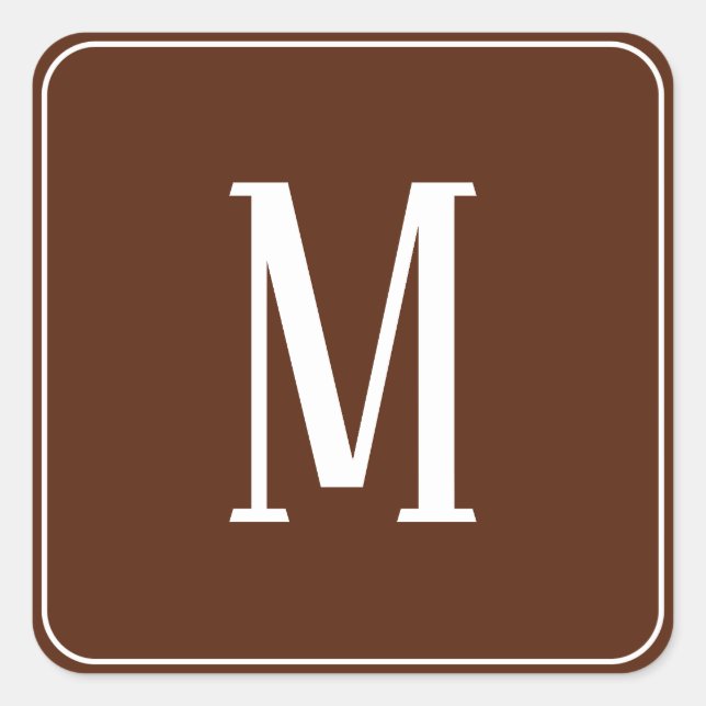 Monogramm Weiß auf der braun-quadratischen Aufkleb Quadratischer Aufkleber (Vorderseite)