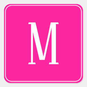 Monogramm-Weiß auf Pink-Quadrat-Aufkleber Quadratischer Aufkleber