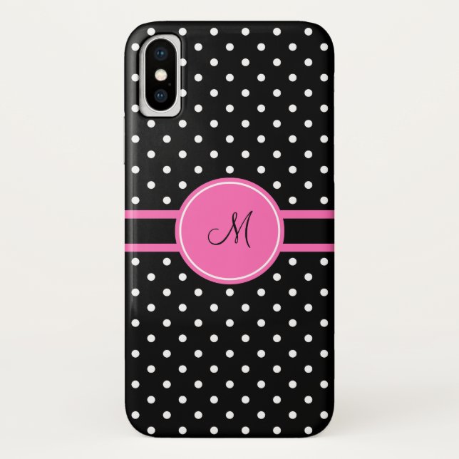 Monogramm, Weiß und Schwarz-Polka-Punktmuster Case-Mate iPhone Hülle (Rückseite)