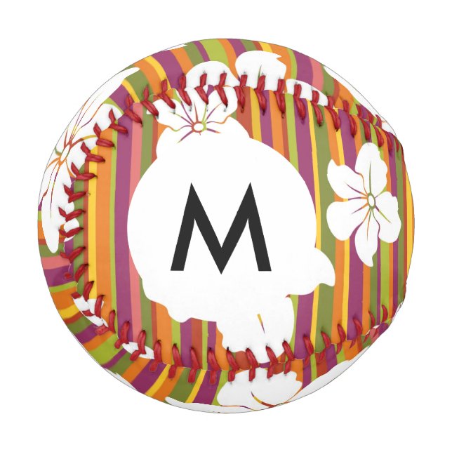Monogramm Weiße Blume auf gestreiftem Hintergrund Baseball (Vorderseite Links)
