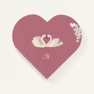 Monogramm Weiße Blumen und Schwäne auf Roségold Notizbuch