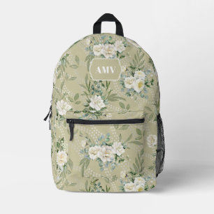 Monogramm Weiße Blumen und wellige Punkte Bedruckter Rucksack