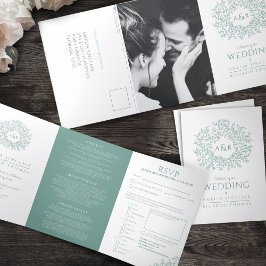 Monogramm weiße grüne Blätter Hochzeit All-in-One Dreifach Gefaltete Einladung