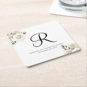 Monogramm weiße Rosen Florale elegante Hochzeit Rechteckiger Pappuntersetzer