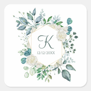 Monogramm weiße Rosen Grüngesteck mit Eukalyptus H Quadratischer Aufkleber