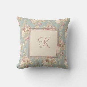 Monogramm Weiße und Rosa Rosen auf Blau  Kissen