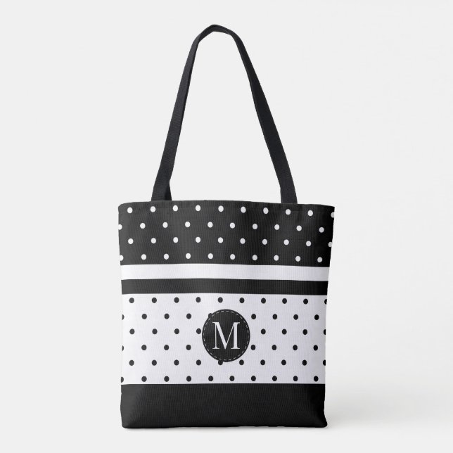 Monogramm-weiße und schwarze Tupfen Tasche (Rückseite)