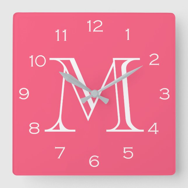 Monogramm weiße Zahlen auf rosa Wccn Quadratische Wanduhr (Vorderseite)