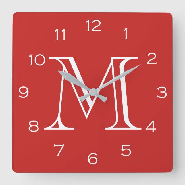 Monogramm weiße Zahlen auf rotem Wccn Quadratische Wanduhr (Vorderseite)