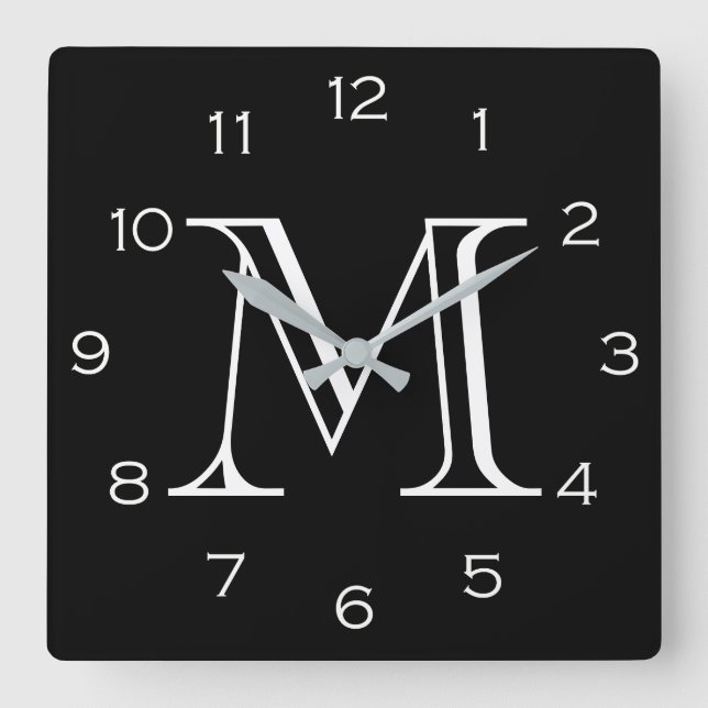 Monogramm weiße Zahlen auf schwarzem Wccn Quadratische Wanduhr (Vorderseite)