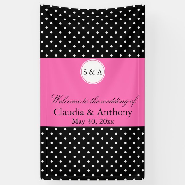 Monogramm weißes Schwarz, Hot Pink Polka Dot Hochz Banner (Vertikal)