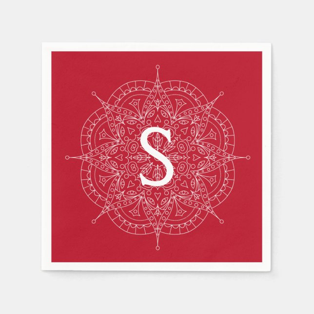 Monogramm weißes Spitzen auf der roten Papierplatt Serviette (Vorderseite)