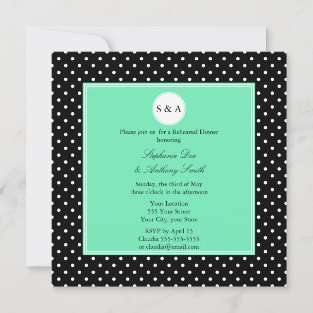 Monogramm Weißschwarz, Seafoam Polka Dot Probe Einladung (Vorderseite)