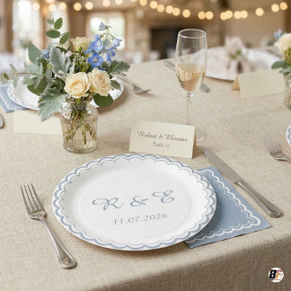 Monogramm-Wellensaum-Hochzeit Staublau Pappteller