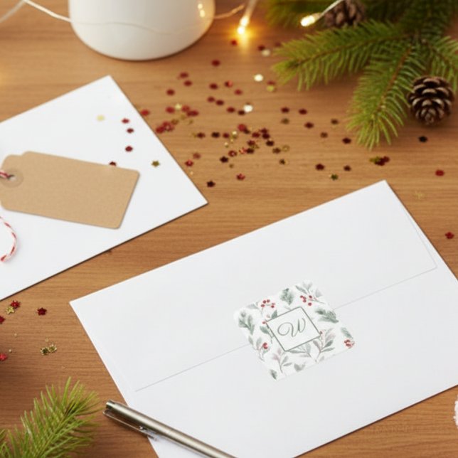 Monogramm-Winter-Botanik-Papier Quadratischer Aufkleber (Holiday initial monogram sticker)